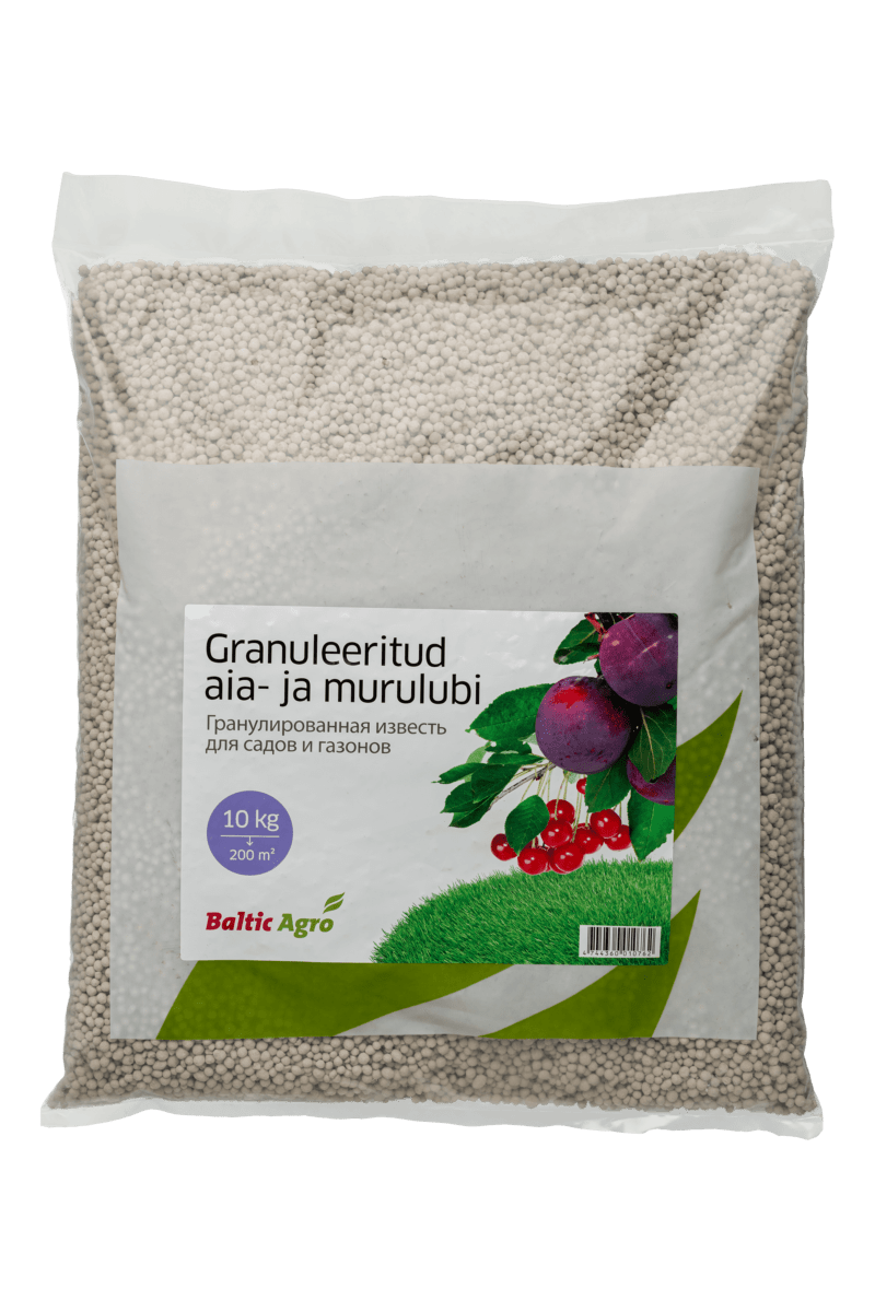 Granuleeritud aia- ja murulubi 10 kg pakendis, sobilik aianduseks ja muruhoolduseks, Baltic Agro brändilt.