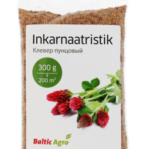 Упаковка инкарнатного клевера 300 г от бренда Baltic Agro, содержит красные плоды, подходит для садоводства и ландшафтного дизайна.