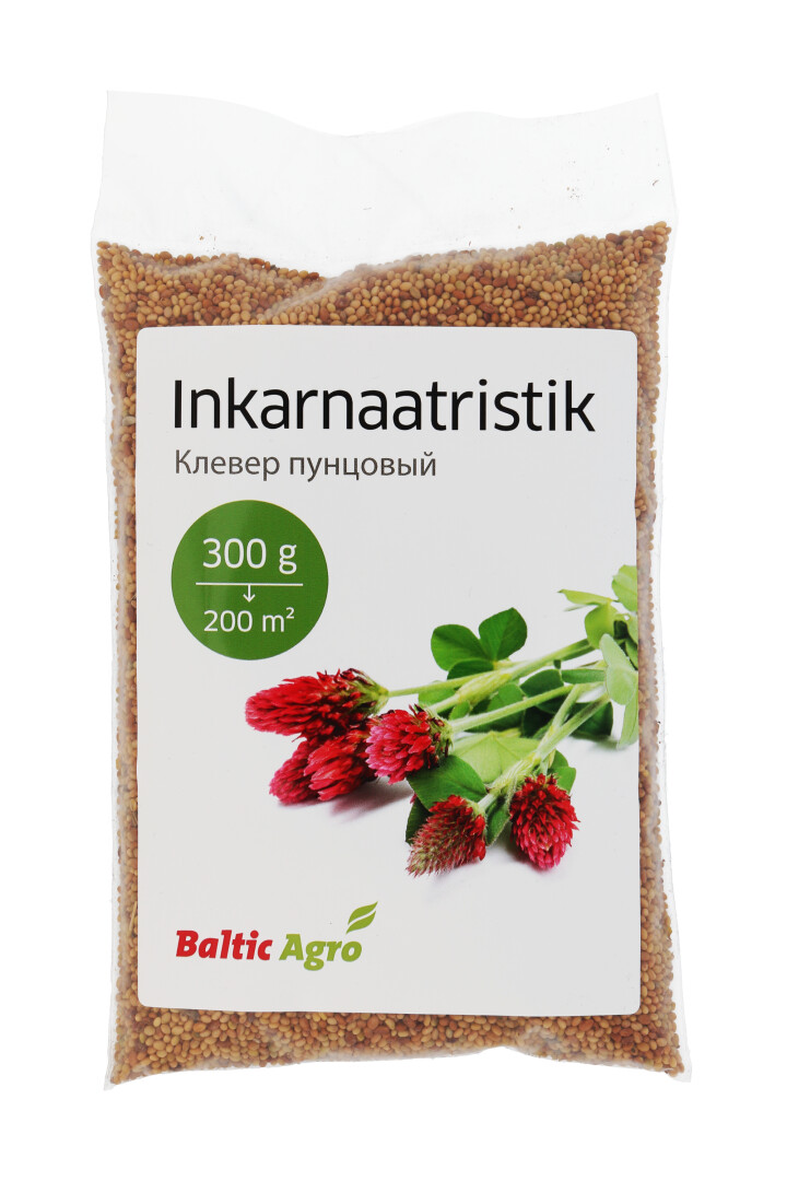 Упаковка инкарнатного клевера 300 г от бренда Baltic Agro, содержит красные плоды, подходит для садоводства и ландшафтного дизайна.