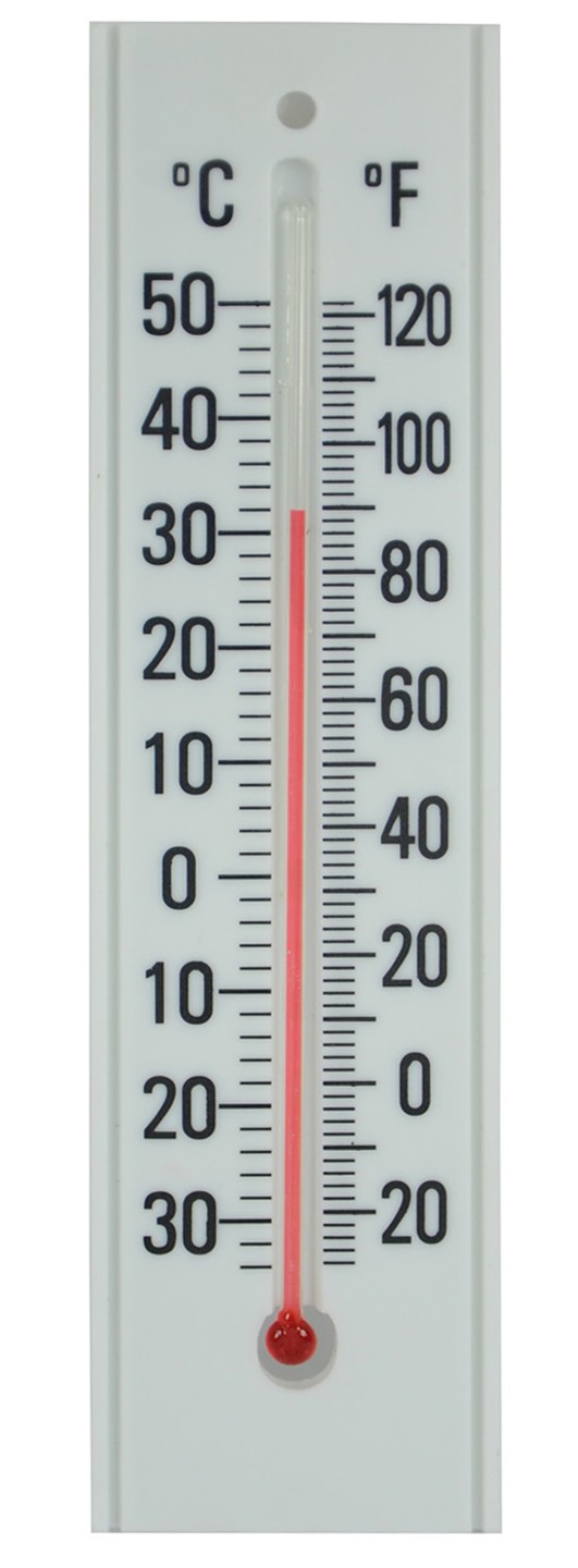 Lämpömittari näyttää lämpötilan Celsius- ja Fahrenheit-asteina.
