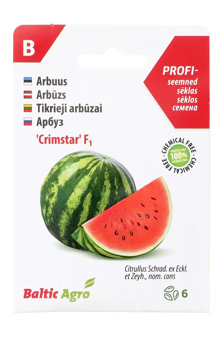 Crimstar F1 arbuusi seemned Baltic Agro, 100% kemikaalivabad, pakend sisaldab 6 seemet.